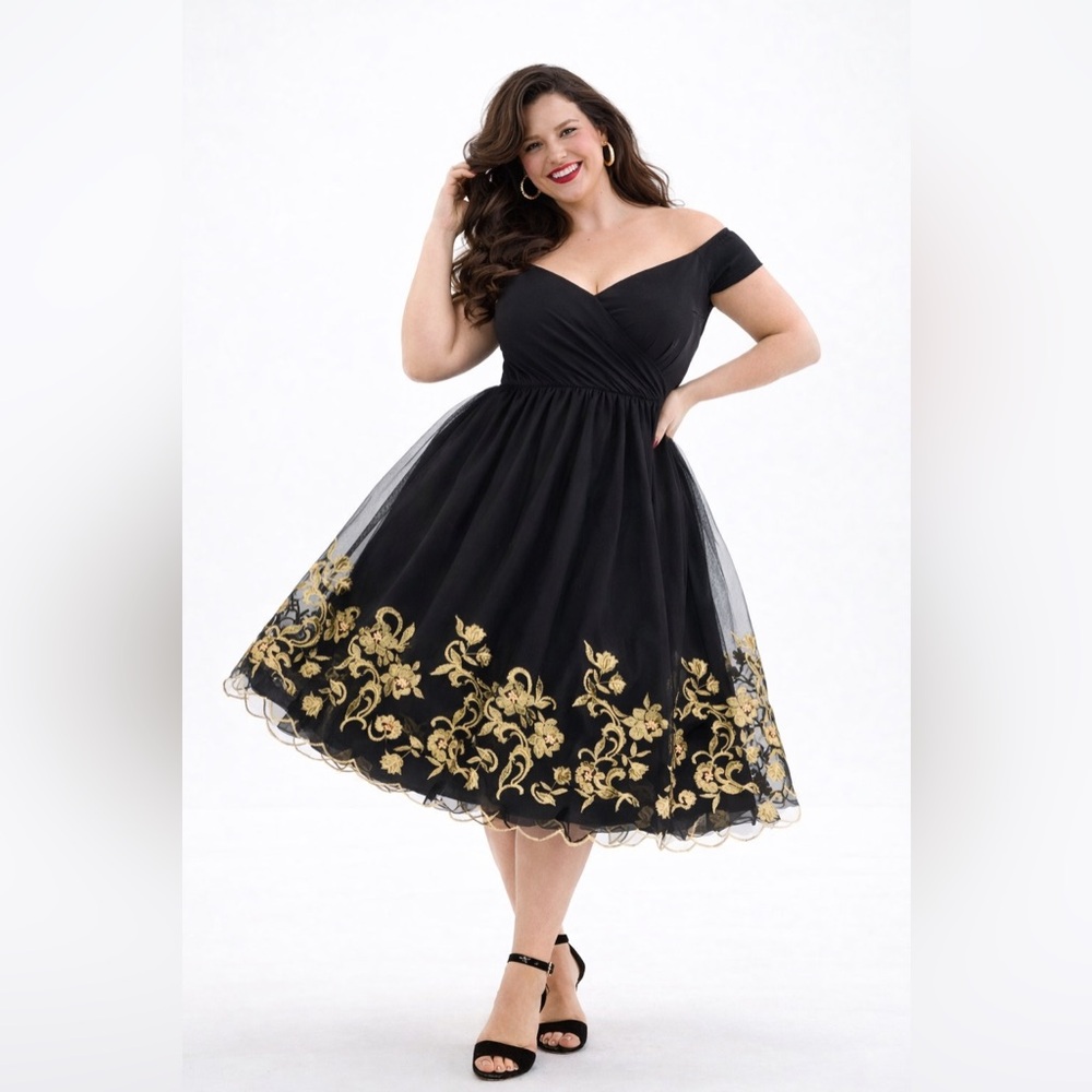 Torrid Retro Chic Black & Gold Embroidered Tulle Swing Dress, Size 14, NWT! - Picture 10 of 16